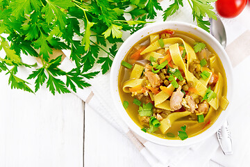 Image showing Soup with mung and noodles in bowl on light board top