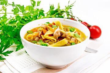 Image showing Soup with mung and noodles in bowl on white board