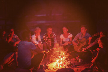 Image showing young friends relaxing around campfire