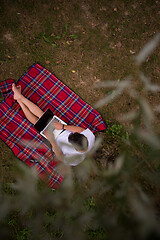 Image showing top view of man using a laptop computer under the tree