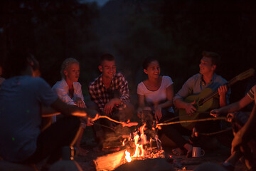 Image showing young friends relaxing around campfire