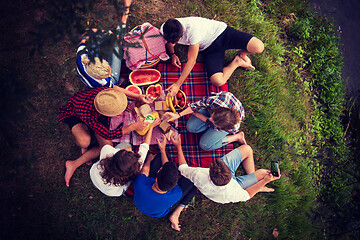 Image showing top view of group friends enjoying picnic time