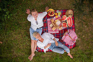 Image showing top view of couple enjoying picnic time