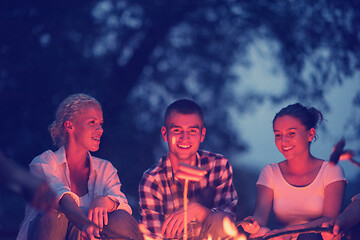 Image showing young friends relaxing around campfire