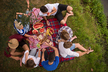 Image showing top view of group friends enjoying picnic time