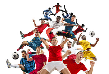 Image showing Professional men - football soccer players with ball isolated wh