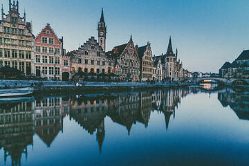 Image showing Leie river bank in Ghent, Belgium, Europe at dusk.