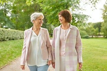 Image showing senior women or friends walking along summer park