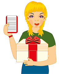 Image showing Woman courier with gift on white background is insulated