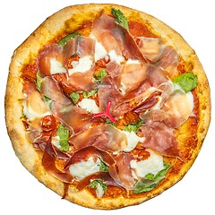 Image showing Delicious pizza surface with chease and meat isolated on white