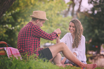 Image showing Couple in love enjoying picnic time