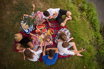 Image showing top view of group friends enjoying picnic time