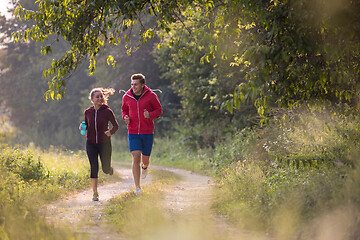 Image showing young couple jogging along a country road