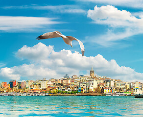 Image showing Galata Tower and boats