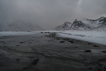 Image showing norway coast in winter with snow bad cloudy weather