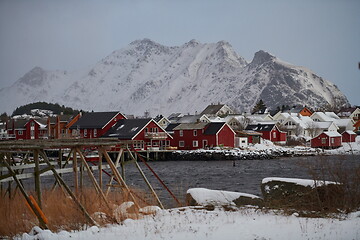 Image showing Traditional Norwegian fisherman\'s cabins and boats