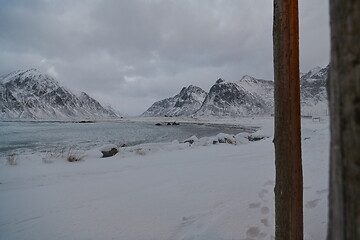 Image showing norway coast in winter with snow bad cloudy weather