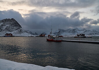 Image showing Traditional Norwegian fisherman\'s cabins and boats