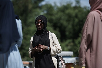 Image showing woman giving presentation to group of business investors on local honey production farm