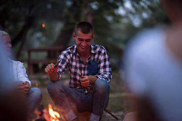 Image showing young friends relaxing around campfire