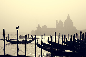 Image showing Romantic Italian city of Venice, a World Heritage Site: traditional Venetian wooden boats, gondolier and Roman Catholic church Basilica di Santa Maria della Salute in the misty background