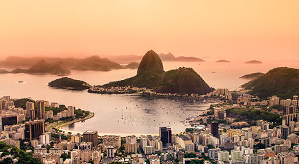 Image showing Rio de Janeiro, Brazil. Suggar Loaf and Botafogo beach viewed from Corcovado at sunset