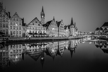 Image showing Leie river bank in Ghent, Belgium, Europe at dusk in black and white.