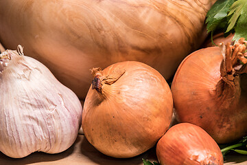 Image showing garlic onion shallot parsley with pestle and olive wood mortar