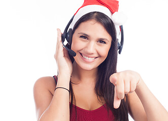 Image showing Christmas headset woman from telemarketing call center wearing r