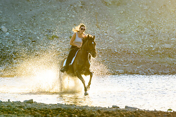 Image showing A girl rides a horse in the evening in the water along the river bank