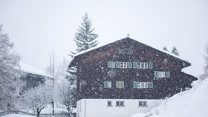 Image showing mountain house in snowstorm