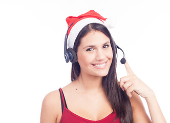 Image showing Christmas headset woman from telemarketing call center wearing r