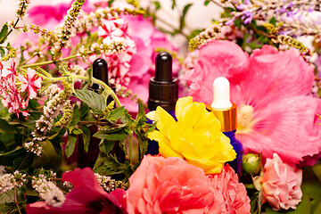 Image showing flowers and bottles of essential oils for aromatherapy