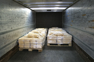 Image showing manufactured cheese on pallets in back of truck