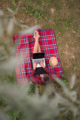 Image showing top view of man using a laptop computer under the tree