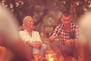 Image showing young friends relaxing around campfire