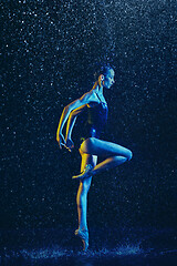 Image showing Two young female ballet dancers under water drops