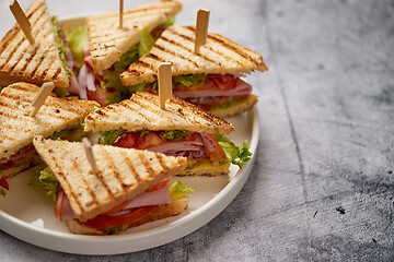 Image showing Tasty and fresh club sandwich served on white ceramic plate