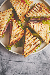 Image showing Tasty and fresh club sandwich served on white ceramic plate