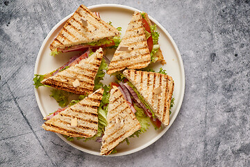 Image showing Tasty and fresh club sandwich served on white ceramic plate