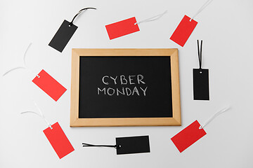 Image showing chalk board with cyber monday words and sale tags