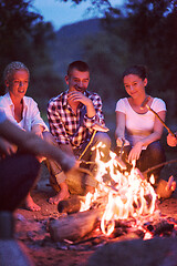 Image showing young friends relaxing around campfire