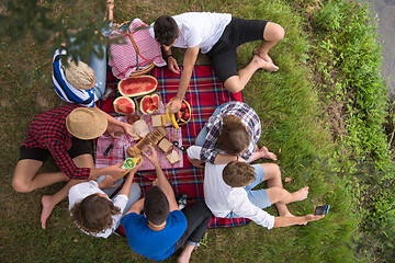 Image showing top view of group friends enjoying picnic time