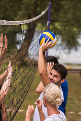 Image showing group of young friends playing Beach volleyball