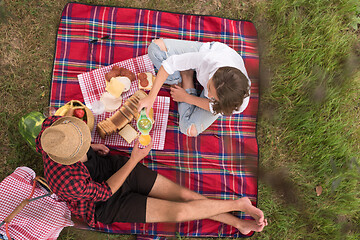 Image showing top view of couple enjoying picnic time