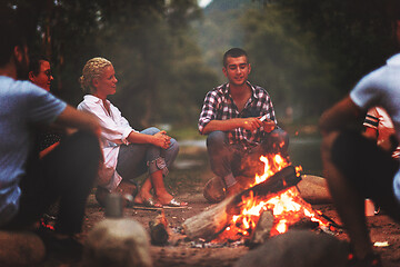 Image showing young friends relaxing around campfire