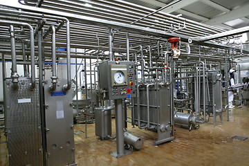 Image showing temperature control valves and pipes  in dairy production factory