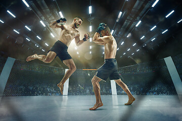 Image showing Two professional boxers boxing on the ring