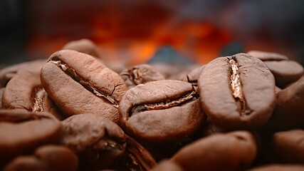 Image showing Close up of seeds of coffee. Fragrant coffee beans are roasted s