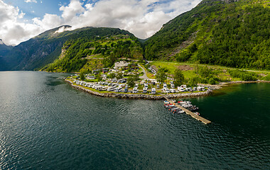 Image showing Beautiful Nature Norway Aerial view of the campsite to relax.